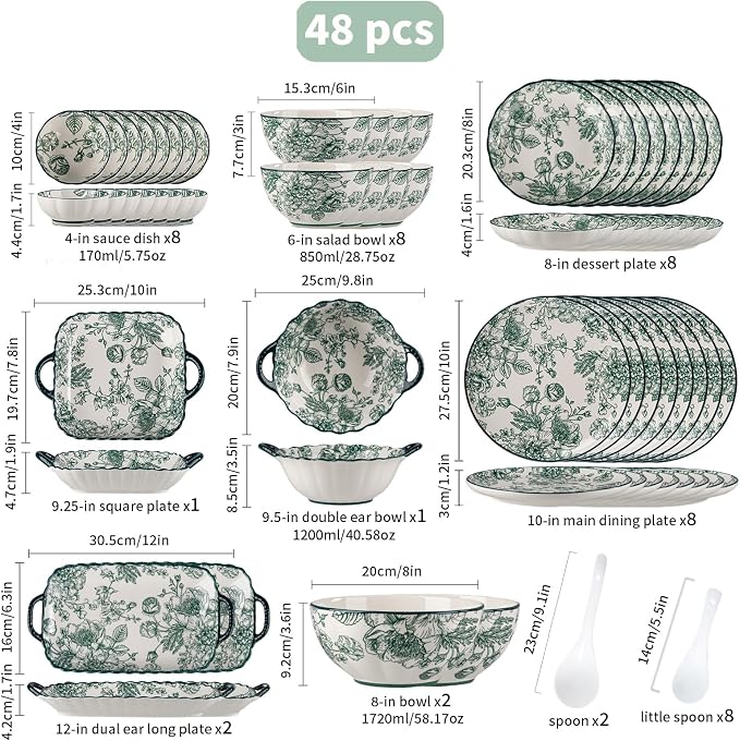 48-Piece Ceramic Dinnerware Set, Service for 8, Vintage Green Rose Floral Plates and Bowls Sets, Microwave & Dishwasher Safe, Porcelain Dinnerware Set for Kitchen & Dining