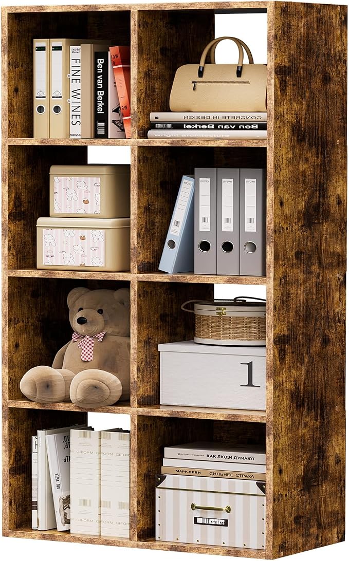COMHOMA 8 Wood Cube Storage Organizer with Open Back and Removable Back Panels, 11In Brown Cube Storage Bookshelf, Cubicle Shelf Bookcase for Home Office Bedroom Living Room, Vertical or Horizontal