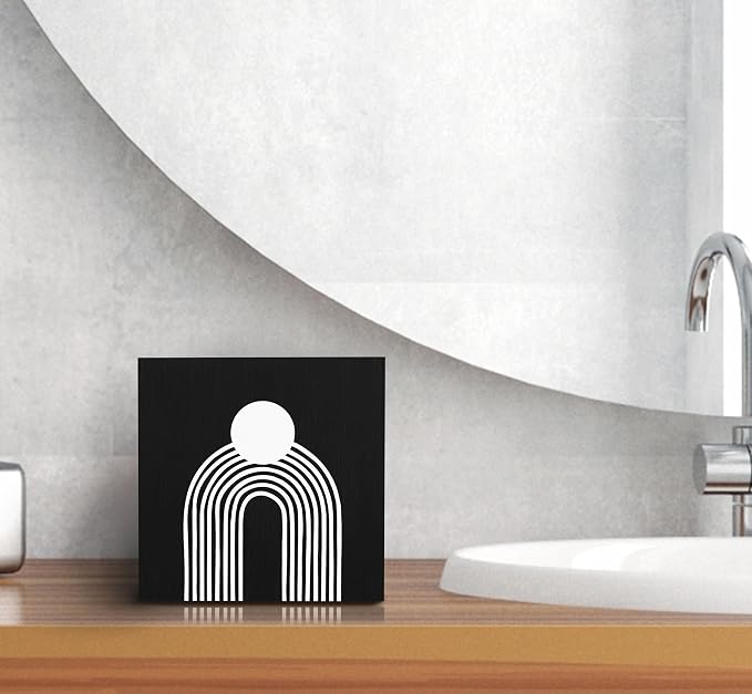 SRADMO Boho Sun Rainbow Abstract Geometric Balance Arch Shapes Wood Box Sign Desk Decor, Black Boho Mid Century Modern Art Wooden Box Sign Decor for Home Office Shelf Table Decorative Accessories