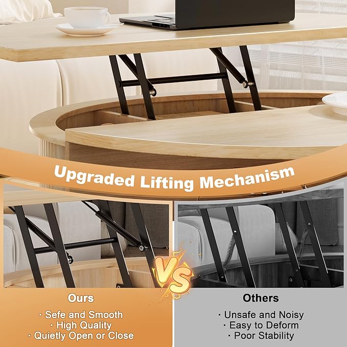 Round Lift Top Coffee Table, 31.5” Fluted Wood Lift Up Center Table with Sliding Door & Hidden Storage, Mid Century Modern Coffee Table for Living Room & Home Office (Natural)