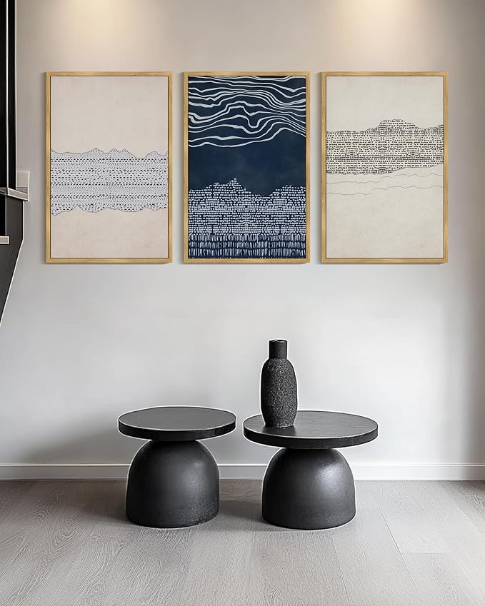 KUVIOKE Navy Blue Abstract Shapes Framed Canvas Wall Art Minimalist Wooden Pastel Boho Wall Decor Modern Neutral Farmhouse Rustic Art Painting for Bedroom Dining Room 24x36in (Natural Framed)
