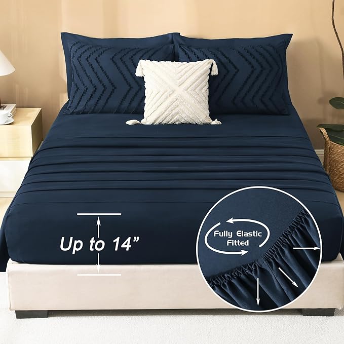 Litanika Navy Blue King Size Comforter Set with Sheets - 7 Pieces Bed in a Bag Queen Boho Tufted Complete Bedding Sets with Comforter, Sheets, Pillowcases & Shams