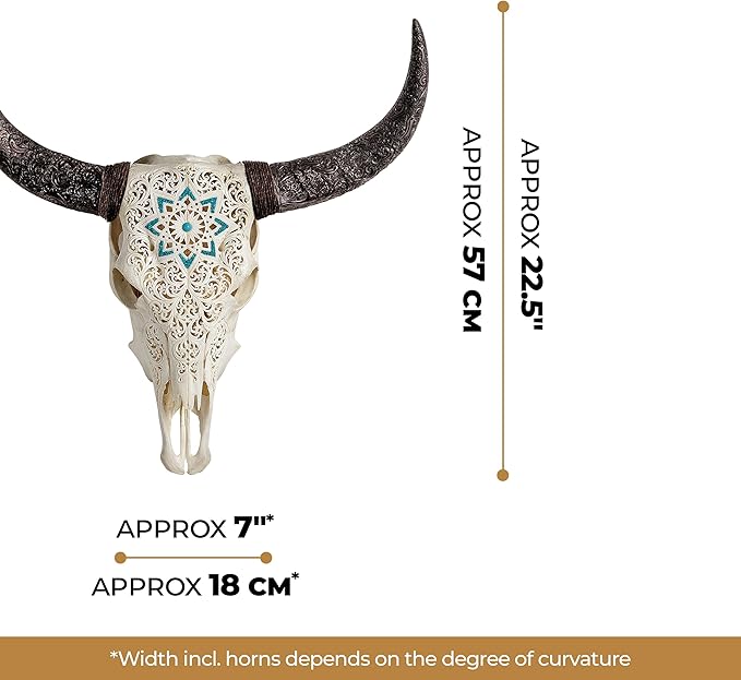 Skull Bliss - Hand-Carved Real Authentic Taxidermy Cow Skull/Bull Skull Wall Decor with Horns/Real Animal Cow Skull Wall Decor (Hand-Carved Horns)