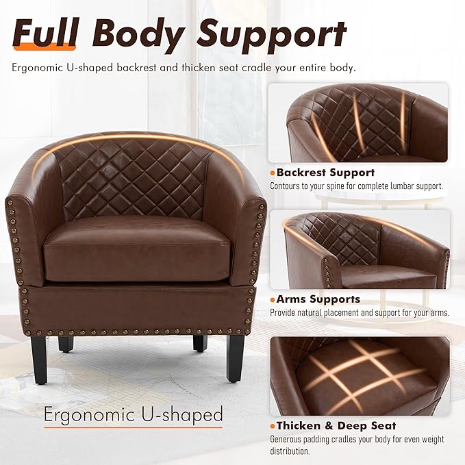QQU Barrel Accent Chair, Retro PU Leather Club Chair with Nail-Heads, Upholstered Armchair for Living Room, Bedroom, Waiting, Office (Brown)