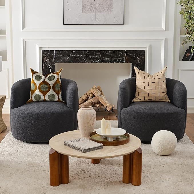 KINWELL 34" Wide Boucle Swivel Barrel Chairs Set of 2, No Assembly Round Upholstered Armchairs Accent Chairs Single Sofa Chair with Toss Pillow for Living Room and Bedroom, Dark Grey