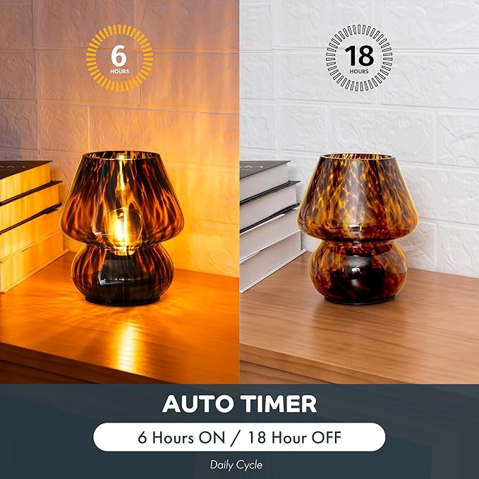 Battery Operated Mushroom Lamp - Vintage Small Table Lamp with Timer, Cordless Bedside Nightstand Lamp, Glass Battery Powered Lamp for Bedroom Kitchen Living Room Shelf Decor Aesthetic Amber