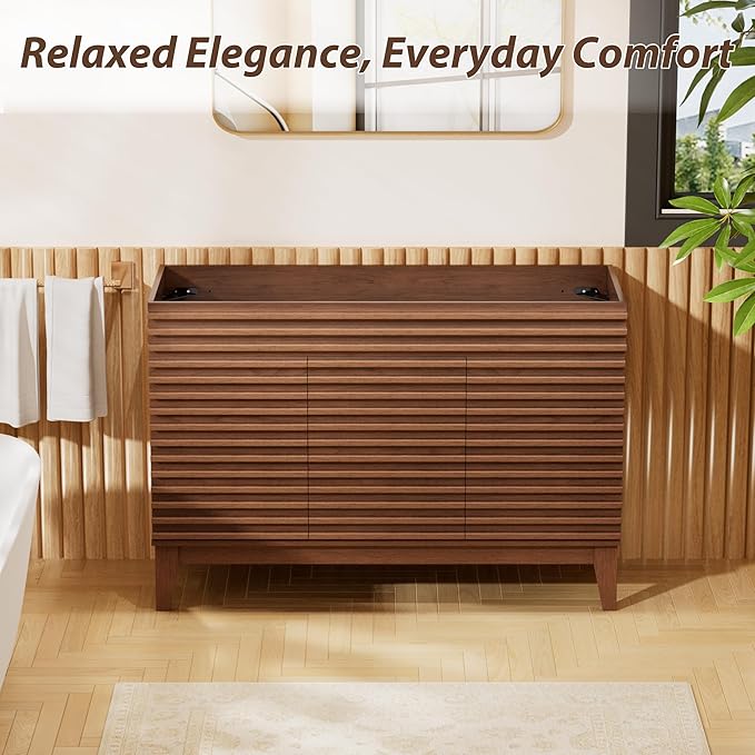 APRILSOUL 48" Bathroom Vanity, Mid-Century Bathroom Vanity Cabinet with 2 Soft Closing Doors, Freestanding Bathroom Cabinet, Particleboard Frame with Wood Grain Laminate, Walnut (Sink Not Included)
