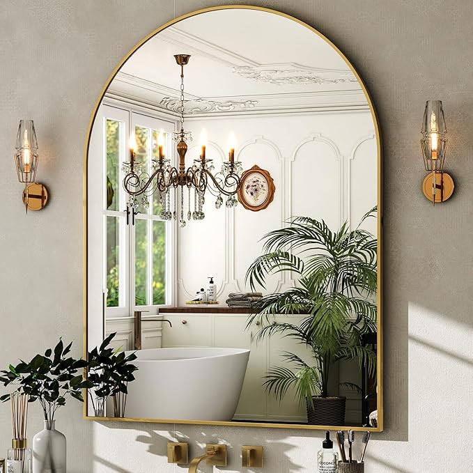 HARRITPURE Arched Bathroom Mirror - 30"x40" Gold Large Wall Mounted Vanity Mirror Aluminum Alloy Frame Arch Wall Mirror for Living Room, Bedroom and Entryway