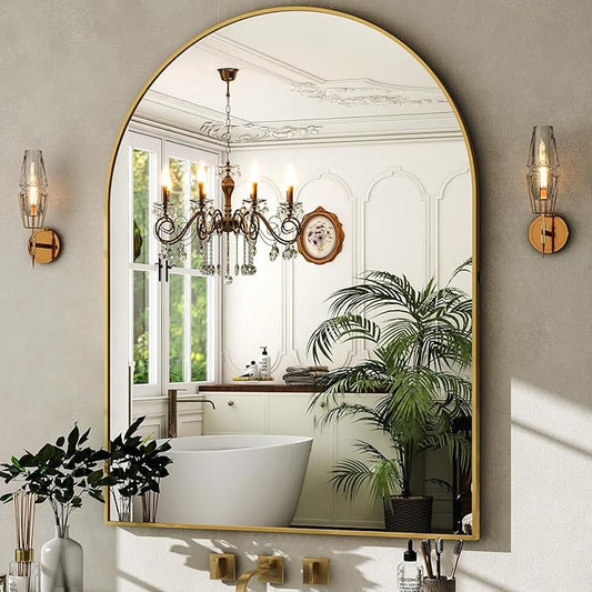 HARRITPURE Arched Bathroom Mirror - 30"x40" Gold Large Wall Mounted Vanity Mirror Aluminum Alloy Frame Arch Wall Mirror for Living Room, Bedroom and Entryway