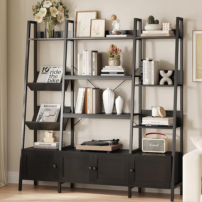 kepptory Large Ladder Bookshelf with 3 Storage Cabinets, Triple Wide 4-Tier Open Bookcase with Storage for Living Room, Bedroom, Home Office, Black