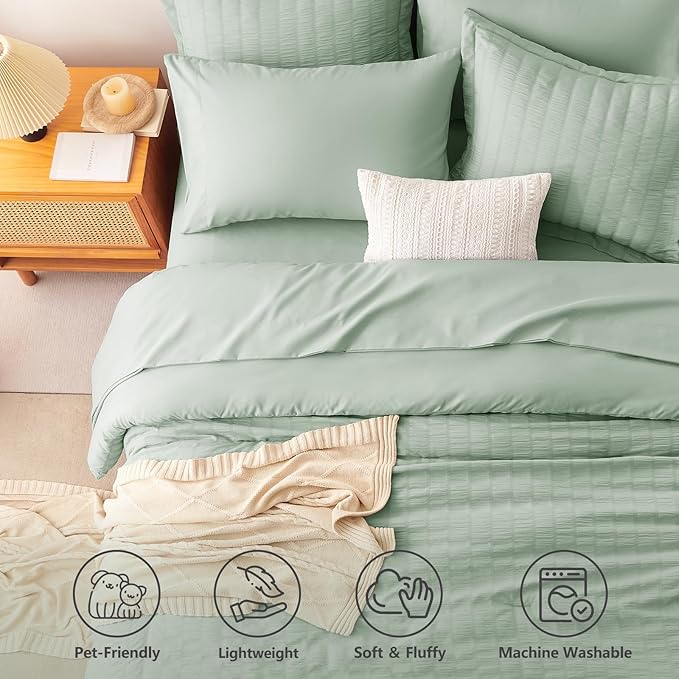 CozyLux California King Comforter Set with Sheets 7 Pieces Light Blue Seersucker Bed in a Bag, Cal King All Season Bedding Set with Down Alternative Comforter, Sheets, Pillowcases & Shams, Home Gift