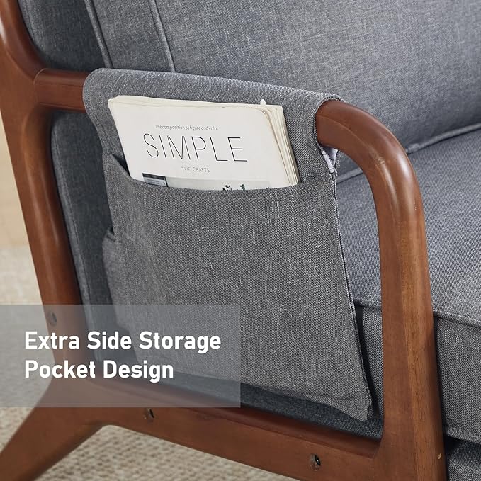 ANJ Mid Century Modern Accent Chair Set of 2, Lounge Reading Armchair with Extra Side Pocket & Detachable Cushion, Comfy Fabric Accent Chairs for Living Room, Bedroom, Grey