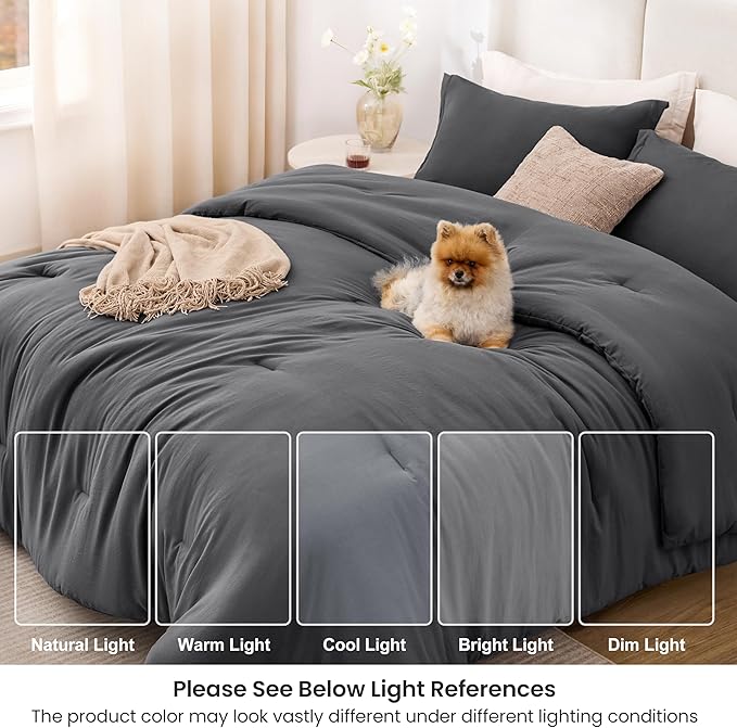 Love's cabin Dark Grey Queen Comforter Set, 3-Piece Prewashed Bed Set with 1 Comforter (90 x 90 in) & 2 Pillowcases, Lightweight & Breathable for All Seasons | Soft