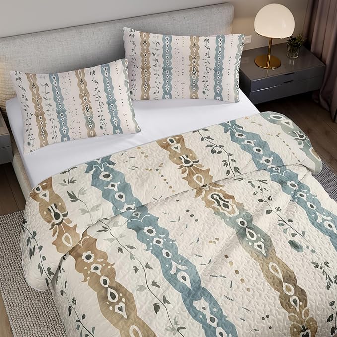 AILONEN Queen Quilted Comforter Set 3 Piece, Ethnic Damask Vertical Bedspread Coverlet 2 Pillowcases, Earthy Teal Brown Bedding Master Bedroom Couples Farmhouse Rustic Chic Medallion Vine