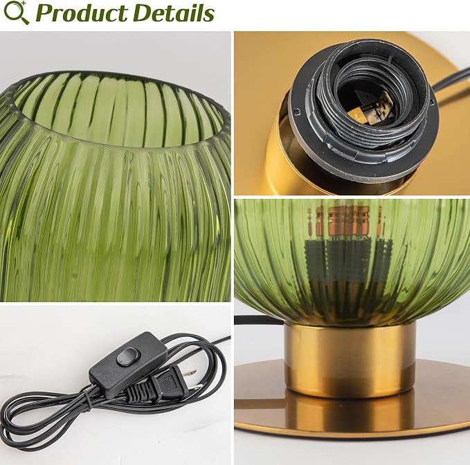 Green Glass Table Lamp, Mid Century Modern Table Lamp Vintage Gold Bedside Lamp with Brass Metal Base, Decorative Desk Lamp Small Boho Lamps for Bedroom Nightstand Living Room Office