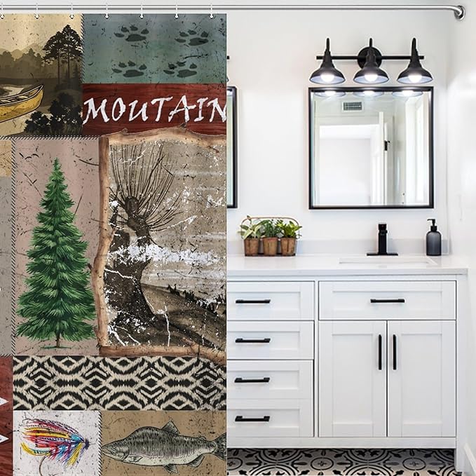 Retro Rustic Bear Shower Curtains, Vintage Deer Farmhouse Forest Cabin Lodge Woodland Adventure Cottage Country Waterproof Shower Curtains for Bathroom Decor 12 Pack Hooks 66x72in（168x183cm）