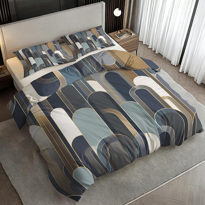 Mid Century Boho Duvet Cover California King Size, Geometric Arch Bedding Set 3 pcs with 2 Pillow Covers, Mid Century Modern Bedroom Decor, Soft Microfiber Reversible, Zipper & Ties KJJT 109