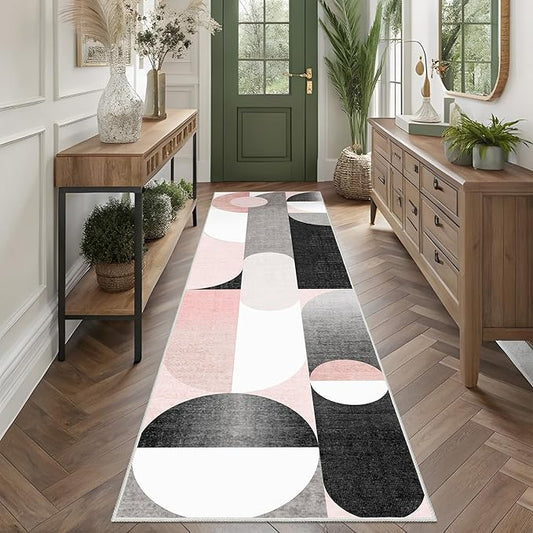 Pink Runner Rug 2x8 Washable Rug Runners for Hallway Kitchen,Long Modern Rugs for Bedroom Entryway Bathroom,Non Slip Floor Carpet,Blush Grey Black