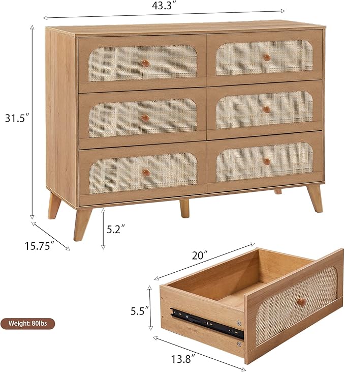 Dresser for Bedroom with 6 Drawers – Wide Chest of Drawers with Pulls Handles, Solid Wood Legs, Easy Assembly, Farmhouse Tall Dressers for Closet, Living Room,Hallway and Entryway Knobs Oak