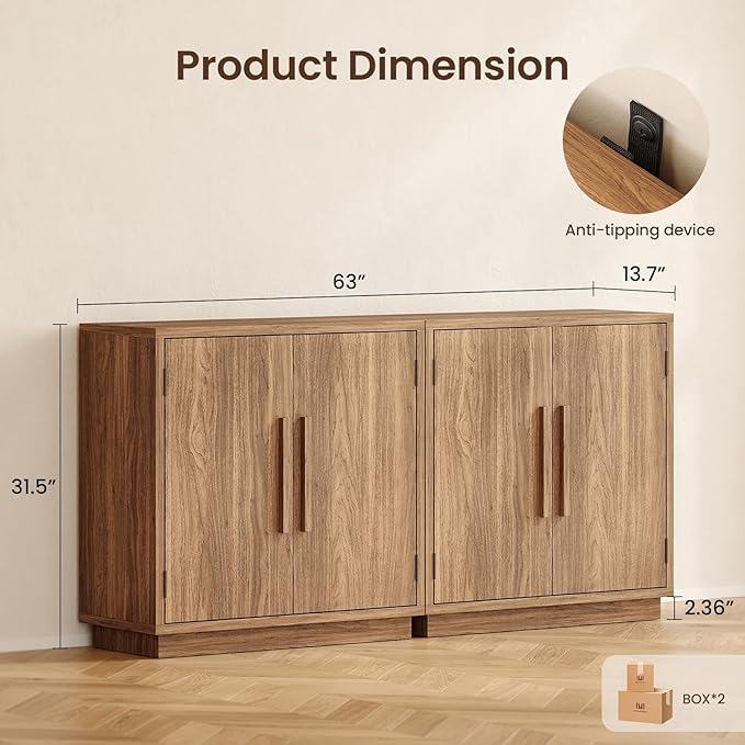 Wood Set of 2 Sideboard Cabinet, 63'' Sideboard Buffet with Adjustable Shelf, Modular Credenza Accent Storage Console Cabinet with Magnetic Doors for Entryway, Living Room, Kitchen, Walnut