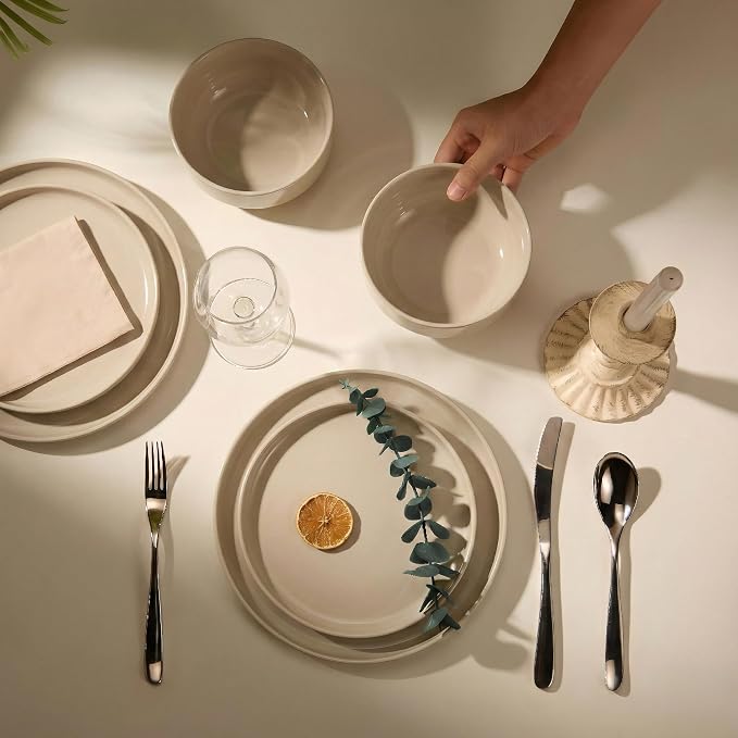 Vase and Vessel Ceramic Dinnerware Set, 12-Piece Service for 4, Soup Bowls (25 oz), Salad Plates (7.5"), Dinner Plates (10"), Round, Microwave and Dishwasher Safe, Sand, Cambridge Classics