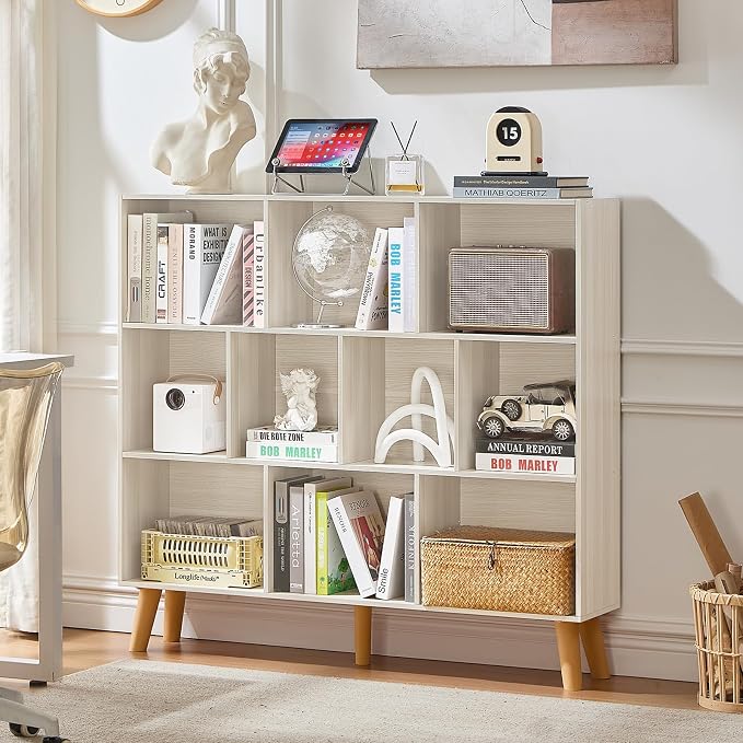 LEYAOYAO 10 Cube Bookshelf,3 Tier Modern Wide Bookcase with Legs,Mid-Century Wood Bookshelves Storage，Light Grey White Large Book Case,Freestanding Organizer Display Shelf for Living Room,Office