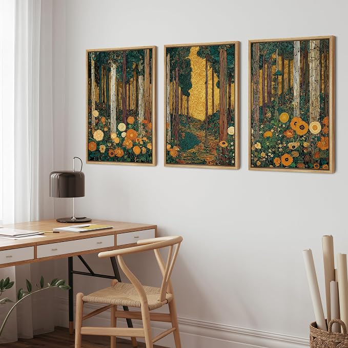 wall26 Framed Print Wall Art Set Klimt Style Sunlit Forest Vibrant Green and Gold Floral WoodlandDecorative Minimal Relax/Zen for Living Room, Bedroom, Office - 24"x36"x3 NATURAL