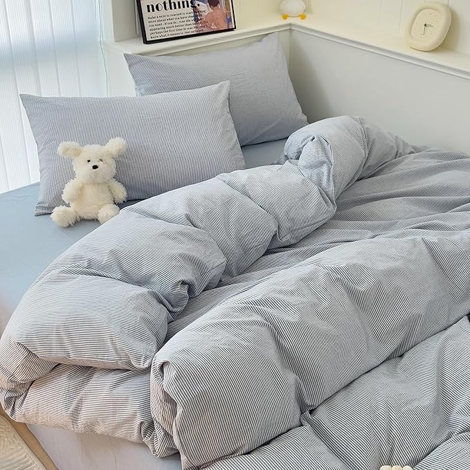 mixinni Blue Striped Duvet Cover Twin Size - 100% Washed Cotton Pinstripe Comforter Cover with Zipper Closure, Lightweight & Breathable, 3 Pieces Minimalist Stripes Pattern Printed Bedding Set