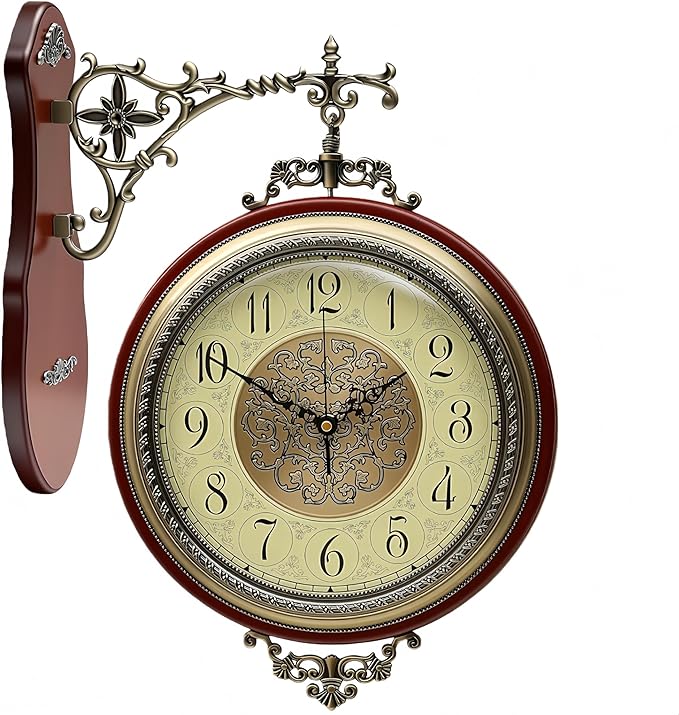 Large Vintage Double Sided Wall Clock with Glass & Copper Finish, Zinc Alloy & Solid Wood, Silent Battery Operated, Roman/Arabic Numerals for Living Room Office Decor (15.35x20.08 Inch)