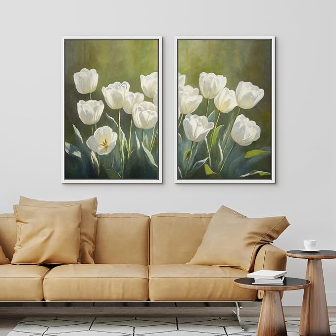 IDEA4WALL Framed Canvas Print Wall Art Set White Tulip Floral Botanical Bloom Illustrations Modern Art Decorative Bohemian Calm/Zen for Living Room, Bedroom, Office - 16"x24"x2 White