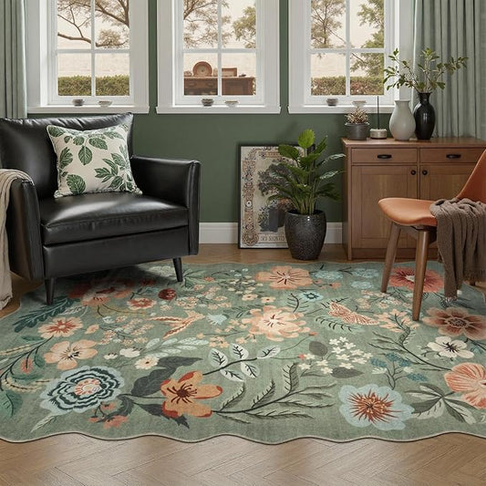 DCX Vintage Floral Rug 4x6, Washable Sage Green Rug for Living Room, Kid & Pet Friendly with Rubber Back Non Slip, Soft Low Pile Carpet, Stain Resistant Rug for Bedroom, Nursery, Dining Room
