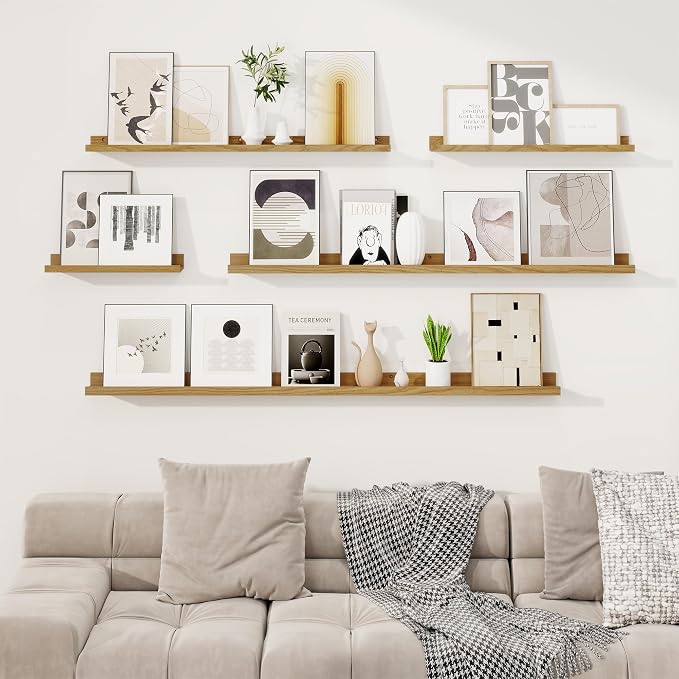RICHFOCUS Picture Ledge Shelf, 72 inch Floating Shelves Set of 2, Wood Wall Shelves with Lip, Wall Decor Storage for Bedroom Living Room Bathroom Kitchen Nursery Photo Picture, Oak