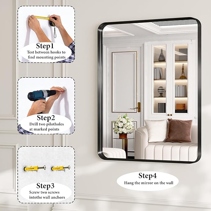 36 Inch Brushed Nickel Bathroom Mirrors for Over Sink, Rounded Rectangle Black Vanity Mirror, Farmhouse Mirror for Wall, HD Tempered Glass, Anti-Rust Mirror,Hangs Horizontally or Vertically
