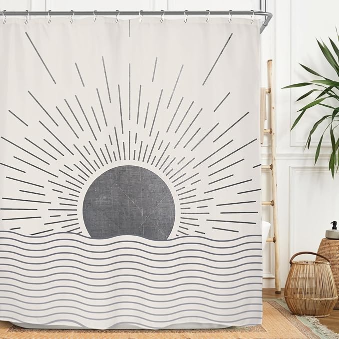Miyotaa Gray Sun Minimalist Shower Curtain Set 60Wx71H Inches Mid Century Sunrise Sunset Vintage Aesthetic Retro Polyester Waterproof Cloth Bathroom Curtain with 12 Hooks