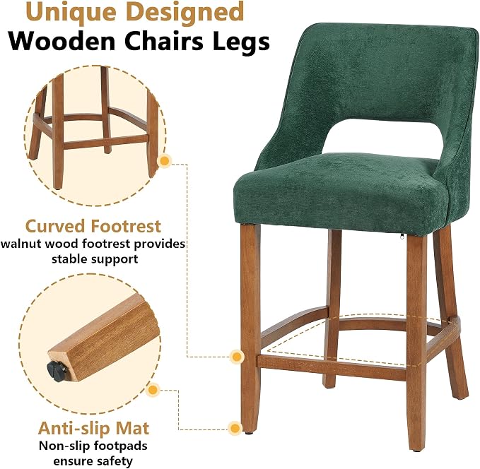 ClinQ Bar Stools Set of 3, 26" H Counter Height Bar Stools with Backs, Modern Upholstered Accent Barstools with Curved Footrest for Kitchen Island, Dining Room and Bar, Green-Walnut Legs