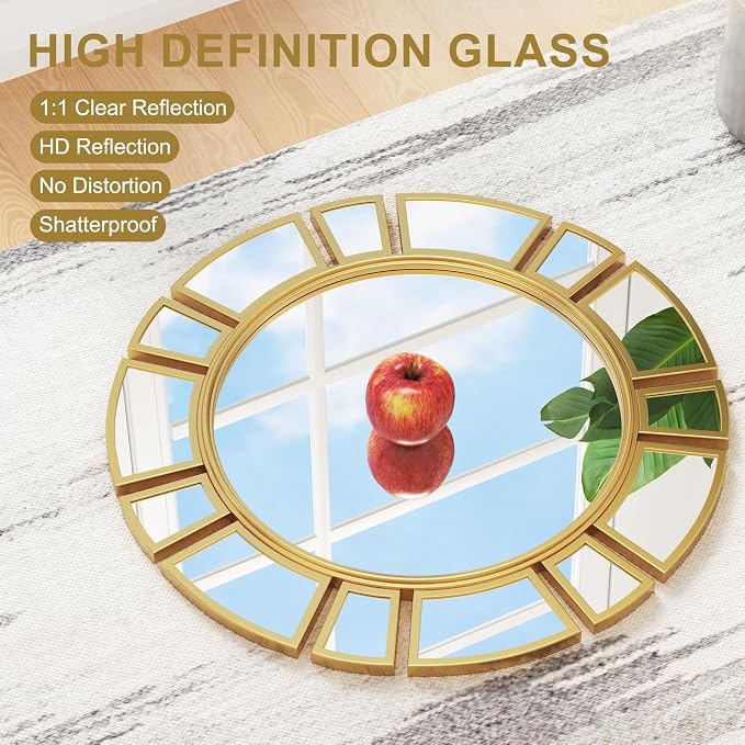 CozyDH Gold Sunburst Mirror Decor - 24 inch Round Wall Mirror Decorative with Metal Frame Modern Bohemian Sun Art Decor Mirror for Entryway Bedroom Living Room Hallway Bathroom Dining Room Fireplace