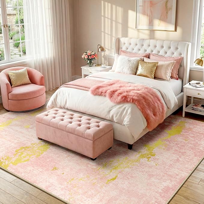 Washable Area Rugs 5'x7' Non-Slip Modern Abstract Soft for Living Room Entryway Bedroom Nursery, Print Pattern, Pink Gold/Golden