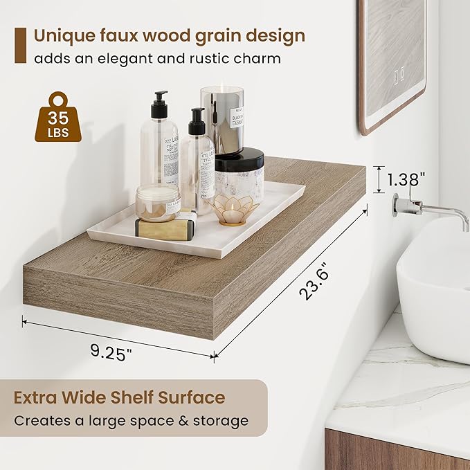 24in Floating Shelves for Wall, 24"W x 9.25"D x 1.25"H, 2 Pack Long Wall Mounted Engineered Wood Shelves with Invisible Brackets for Living Room, Bedroom, Bathroom, Kitchen Decor and Storage, Grey