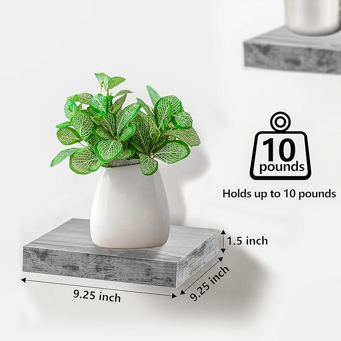 Sorbus 9X9 Inch Floating Shelves for Wall – Square Floating Shelf with Invisible Mounting Bracket for Kitchen, Bedroom, Living Room & Bathroom Decor – Rustic Showcase Wall Shelf (Grey, 3 Pack)