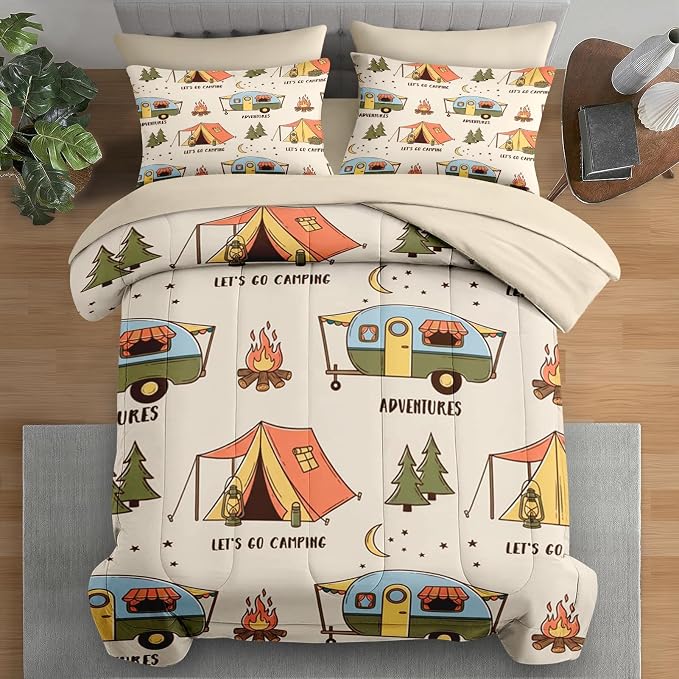 Pamnest Comforter Set Queen Size, Summer Camp RV 7 Pcs Bedding for Kids and Adults, Camping Adventure Bed Sheet Sets with Fitted Sheet 2 Pillowcases & 2 Shams for Bedroom Bed Decor