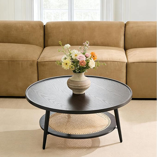 Saint Mossi Wood and Rattan Coffee Table for Living Room, Mid Century Modern Round Coffee Table, 2-Tier Boho Center Table for Small Space, Black Wood and Rattan Top, W31xH15