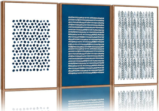 Tinonedraw Navy Blue and White Framed Canvas Wall Art Set, Minimalist Geometric Wall Decor, Neutral Abstract Artwork, Cozy Contemporary Art Prints for Bedroom Living Room Office Above Bed 24"x36"x3
