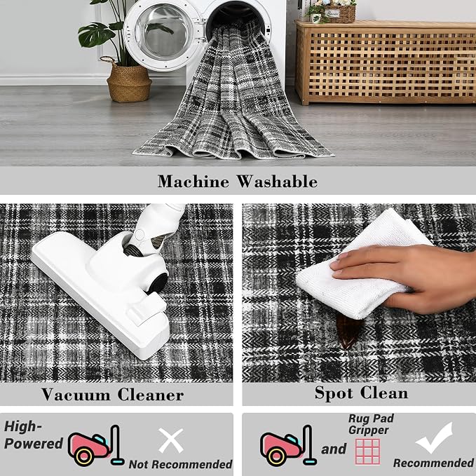 Tartan Plaid Washable Round Rugs 4ft, Non-Slip Soft Ultra-Thin, Small Round Rug Circle Stain Resistant Low Pile Carpet for Entryway Kitchen Bedroom Nursery Bathroom, Black