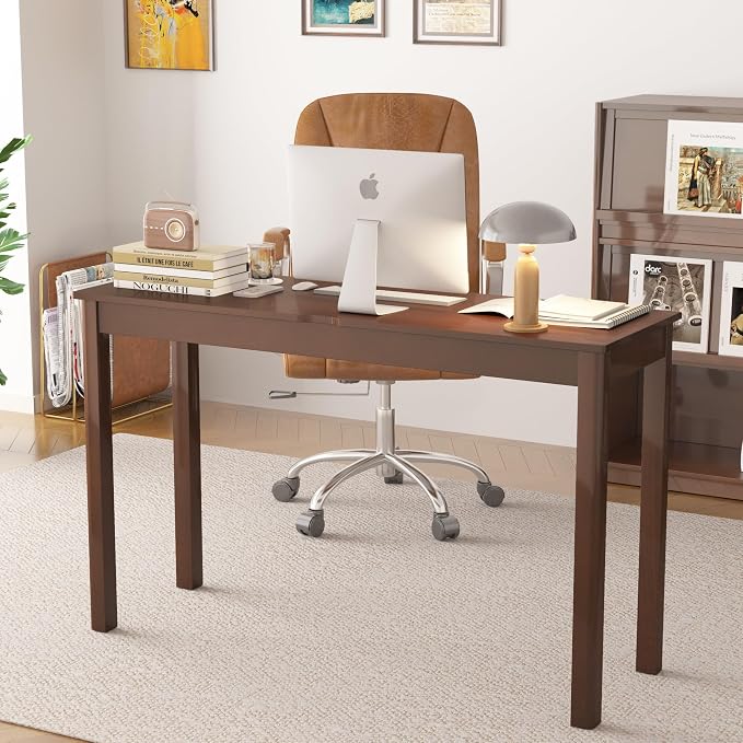 Solid Wood Desk with Drawers - 47 x 16 Inch Vintage Narrow Desks, Mid Century Modern Desks, Rubber Wood Study Table, Small Writing Desk for Bedroom|Small Spaces - Walnut Color