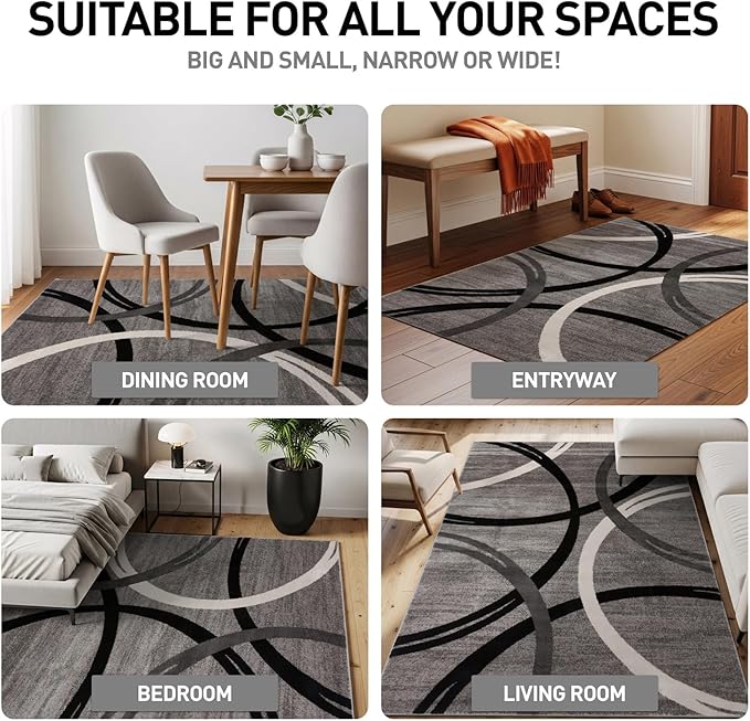 Rugshop Wavy Circles Design Area Rug, Fade-Resistant Carpet for Living Room, Dining Room, or Bedroom, Gray, 5'3" x 7'3"