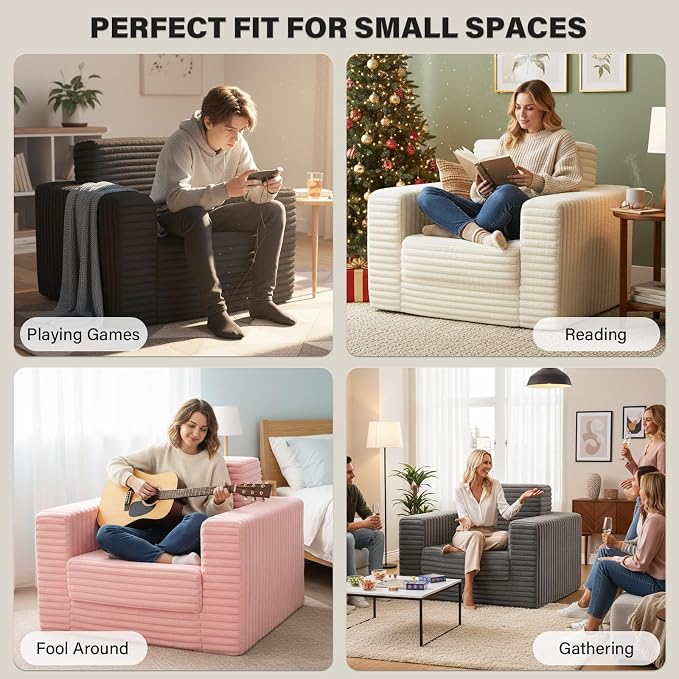 Welnow Folding Sofa Bed with Ottoman, Convertible 2-in-1 Boneless Couch Futon Lounge Chair Bed for Adults, Comfy Fold Out Sleeper Sofa for Small Spaces, Living Room, Bedroom, or Dorm, Black