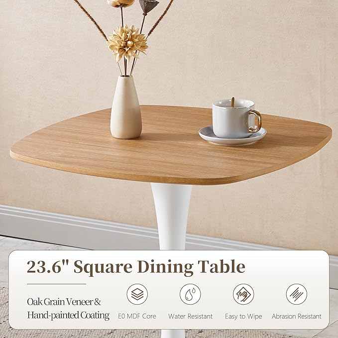 Small Square Dining Table,24" Tulip Table with Metal Pedestal,15-Minute Quick Assembly,Mid Century Modern Leisure Table for Kitchen Small Places Cafe (Faux Oak)