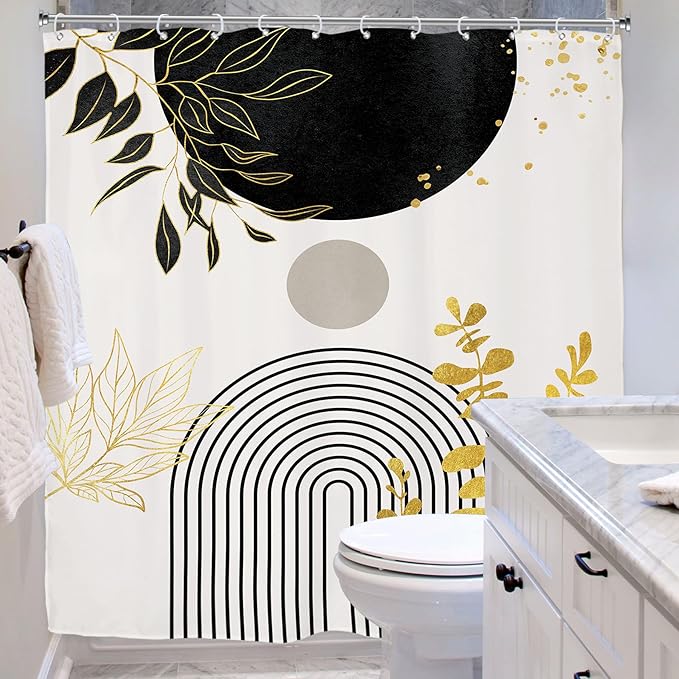 Riyidecor Black Gold Extra Long Shower Curtain for Bathroom Decor 72Wx84H Boho Mid Century Modern Abstract Gold Leaves Minimalist Geometric Art Printed Fabric Polyester Waterproof 12 Pack Plastic Hook