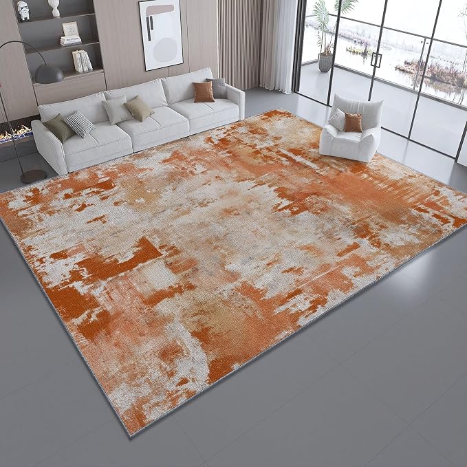 3x5 Washable Area Rug, Orange Color Retro Distressed Textured Design Non Slip Non-Shedding Rug Easy Care for Living Room Bedroom Kitchen Office Carpet