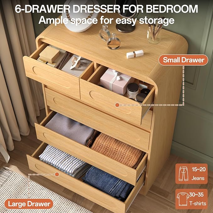 Tall Dresser for Bedroom, Modern Wood Chest of Drawers with Pre-Installed Slides and Curved Edges, 6 Drawer Vertical Storage for Bedroom or Hallway, Natural Oak